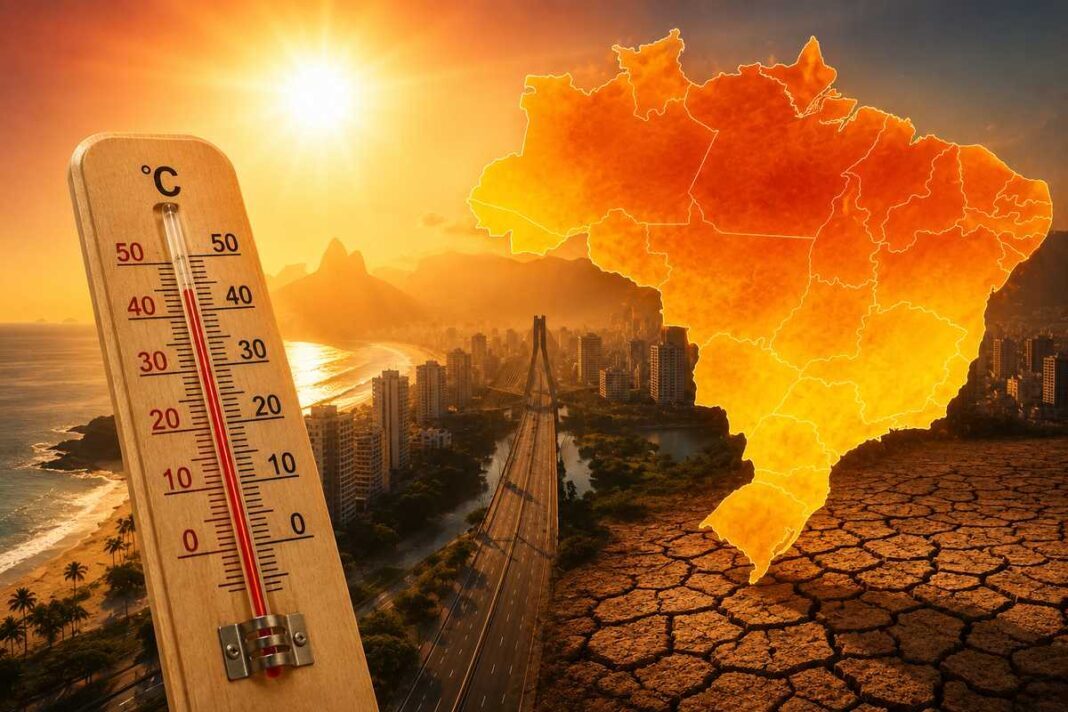 Termômetro sob sol intenso, mapa do Brasil em tons de calor e solo ressecado ilustram previsão de novas ondas de calor no país.