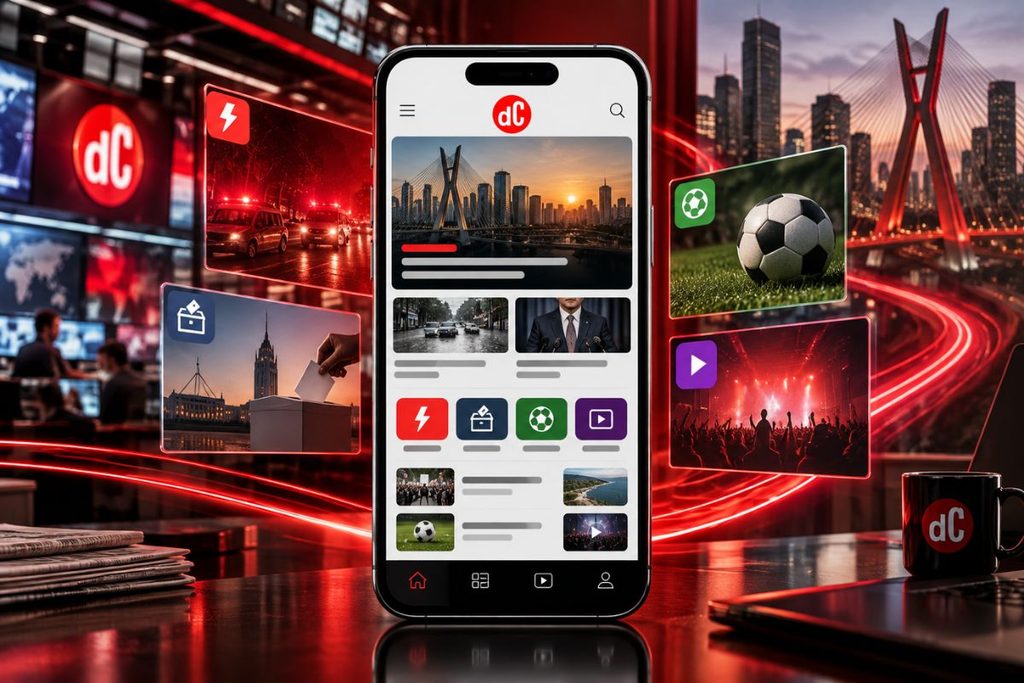 Smartphone com o logo do dC exibindo uma tela de notícias, cercado por imagens de plantão, votação, futebol e vídeo, com redação jornalística e cidade iluminada ao fundo.