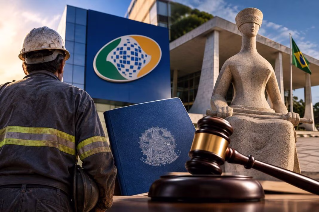 Trabalhador com capacete diante de elementos que representam o INSS e o STF, com estátua da Justiça e martelo judicial.