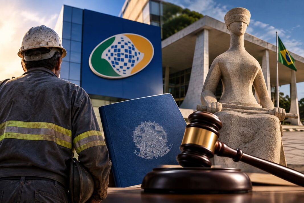 Aposentadoria especial do INSS deixa de exigir idade mínima após decisão do STF Trabalhador com capacete diante de elementos que representam o INSS e o STF, com estátua da Justiça e martelo judicial.