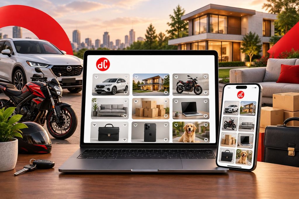 Notebook e celular exibindo uma vitrine de anúncios com o logo do dC, cercados por carro, moto, casa, sofá, caixas, capacete, chaves e pasta sobre uma mesa.