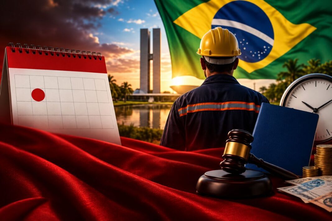 Trabalhador de capacete visto de costas diante do Congresso Nacional e da bandeira do Brasil, ao lado de calendário com data marcada, relógio, carteira de trabalho, martelo de juiz, moedas e cédulas.
