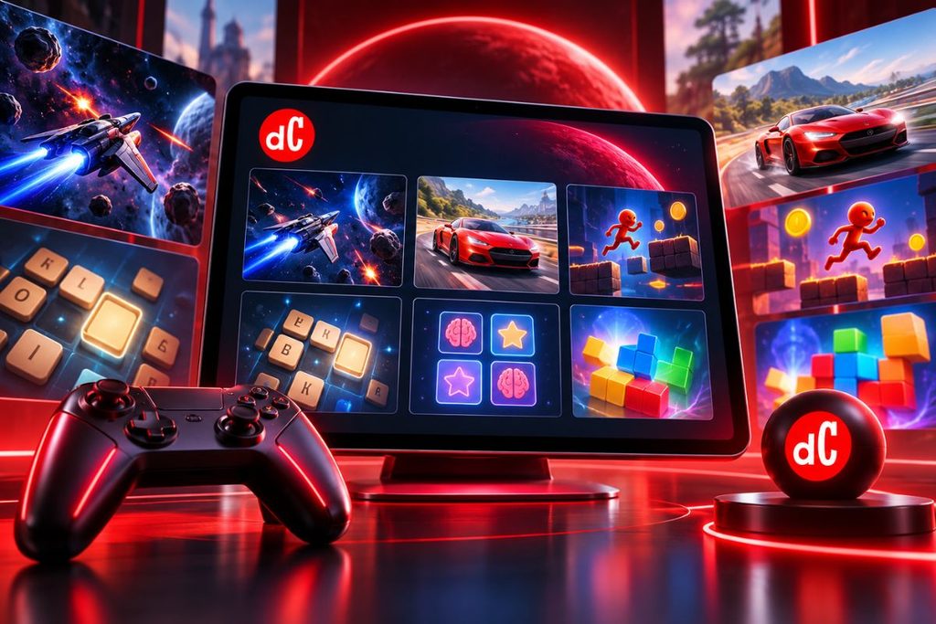 Tela com o logo do dC exibindo vários jogos, cercada por controle de videogame, cenas de nave espacial, carro de corrida, personagem pulando plataformas, letras de jogo de palavras e blocos coloridos em ambiente vermelho neon.