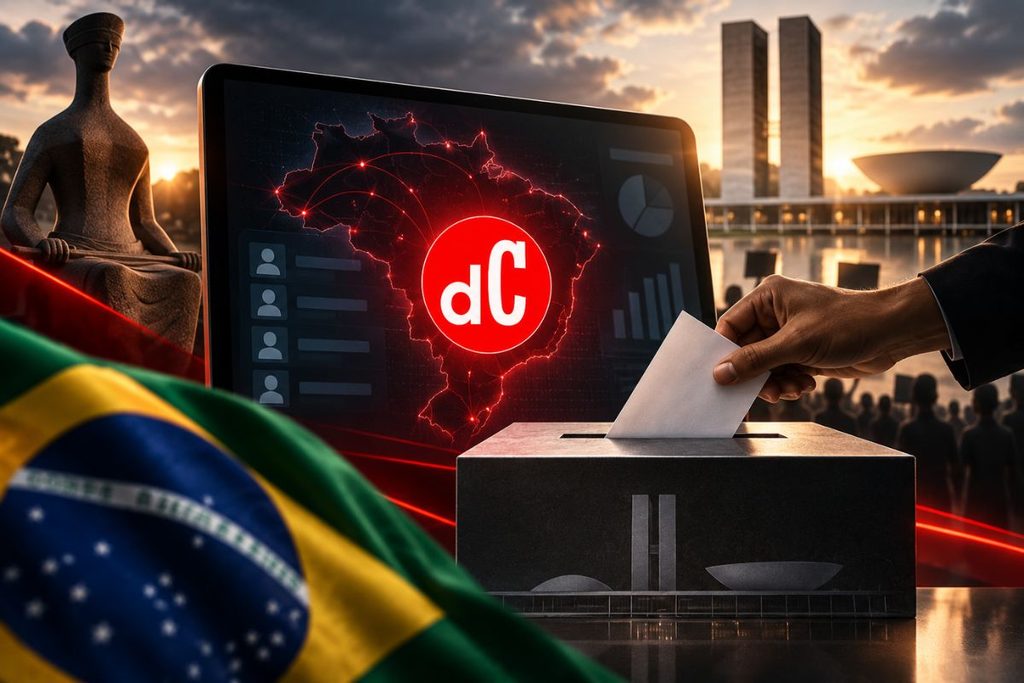 Urna de votação recebendo uma cédula em primeiro plano, com o logo do dC sobre um mapa digital do Brasil em uma tela, Congresso Nacional ao fundo, bandeira do Brasil e estátua da Justiça em Brasília.