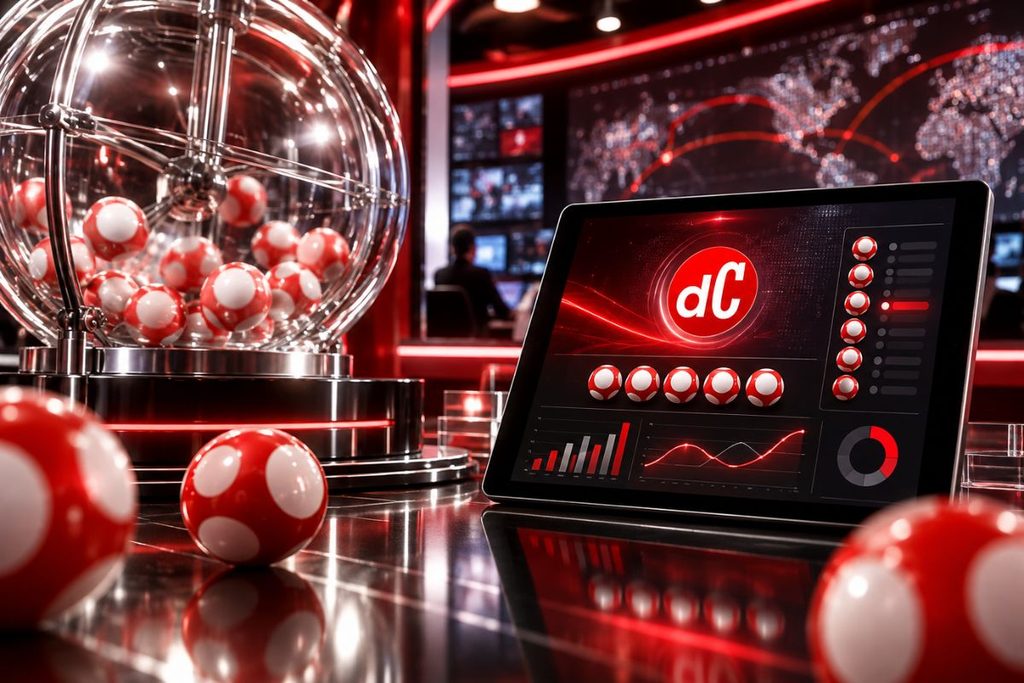 Máquina de sorteio com bolas vermelhas e brancas ao lado de uma tela com o logo do dC, gráficos e números, em ambiente tecnológico iluminado em vermelho.